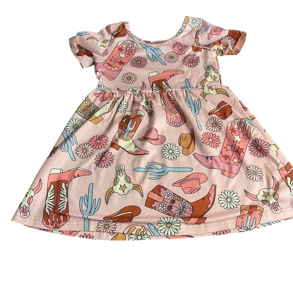 Boutique pink cowgirl western short sleeve fit flare dress SIZE 2T